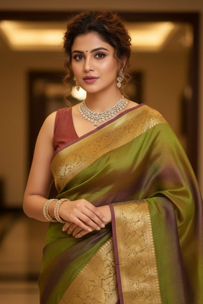 Woman in a green saree with gold border indoors