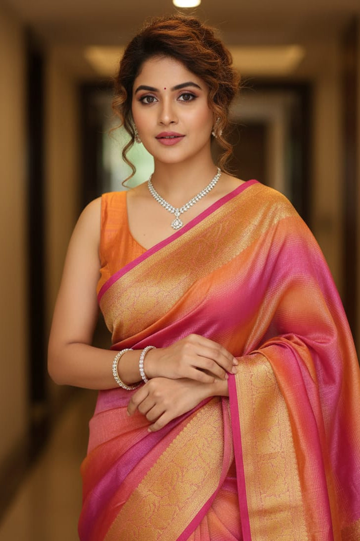 Woman wearing a pink and orange saree with jewelry indoors