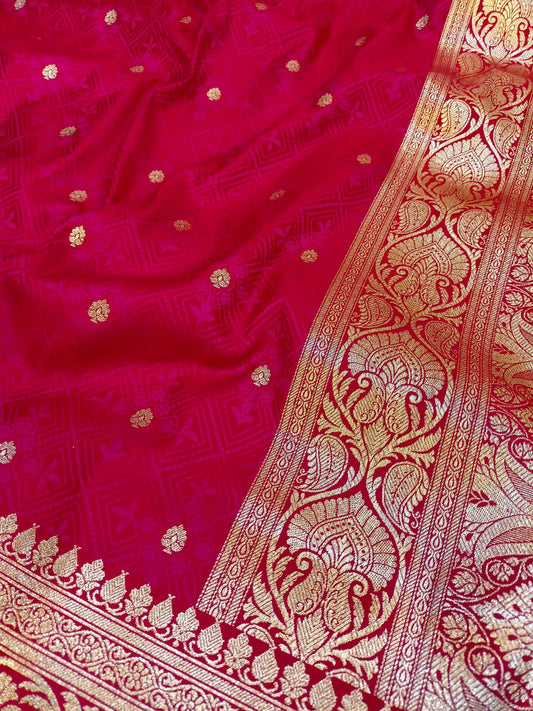 Cherry Pink Katan Tanchoi Silk Zari Booti