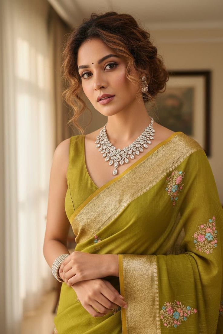 Woman wearing a green saree with floral patterns indoors