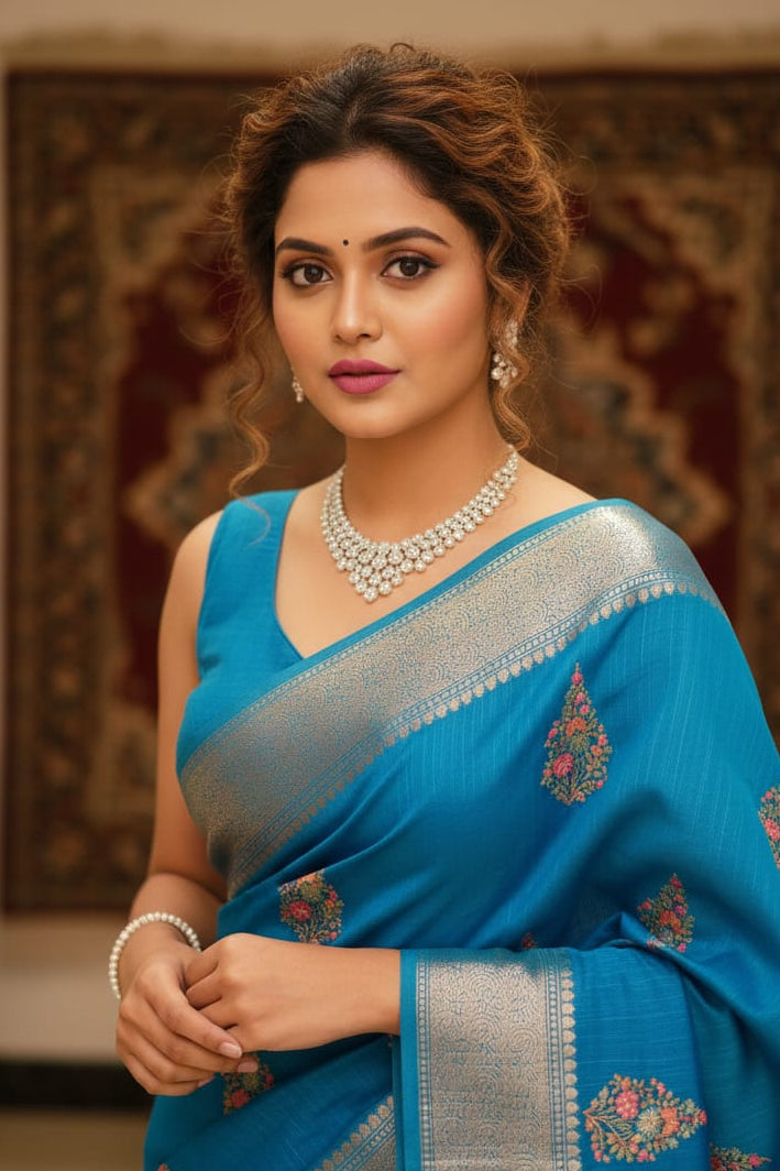 Woman wearing a blue saree with intricate patterns in an indoor setting