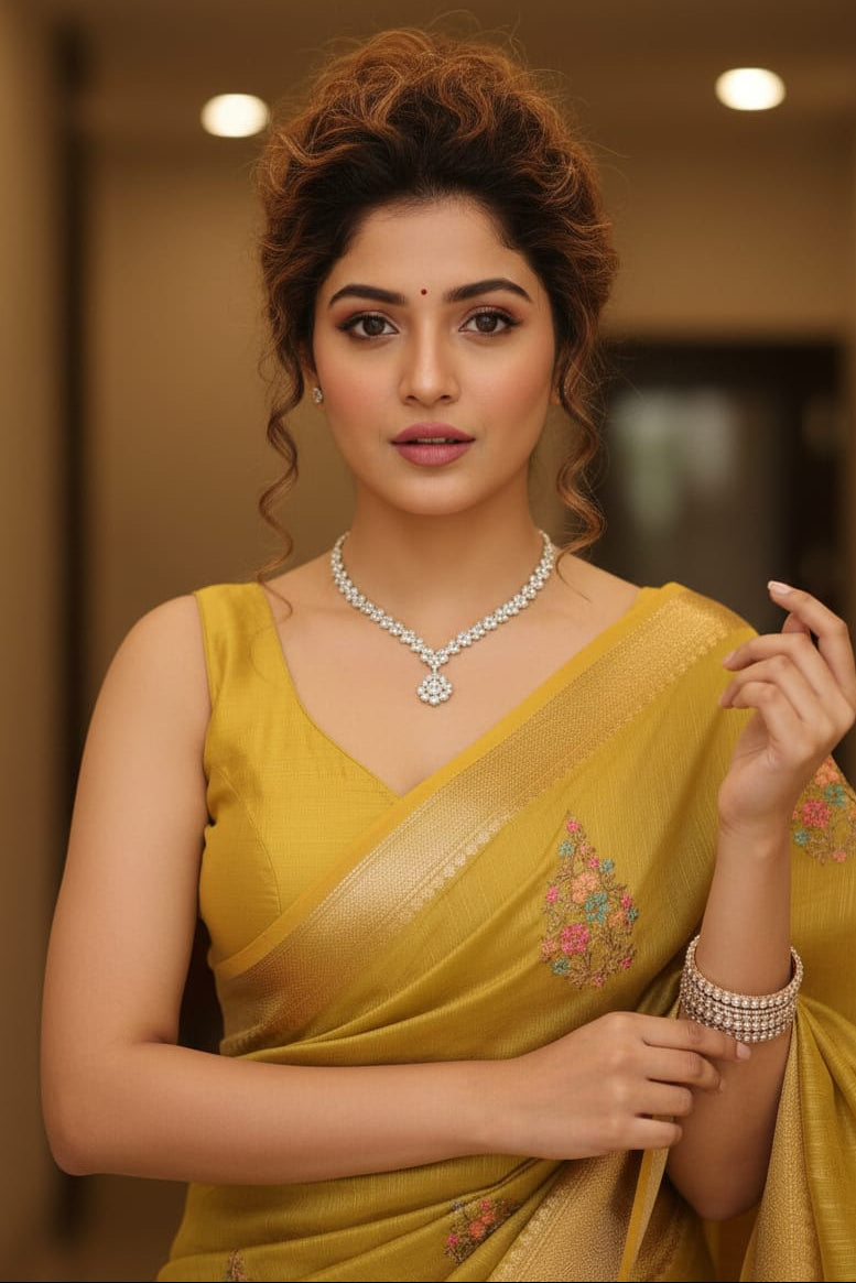 Woman in a yellow saree with jewelry against a blurred indoor background
