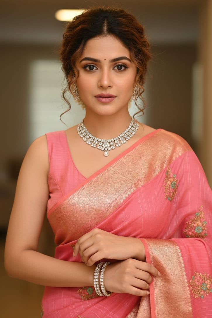Woman wearing a pink saree with a blurred background