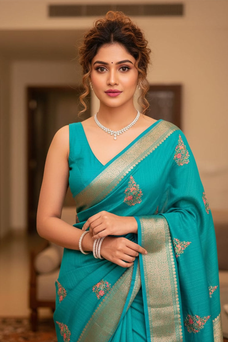 Woman wearing a teal saree with silver border indoors