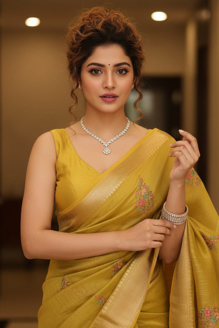 woman wearing yellow saree indoors
