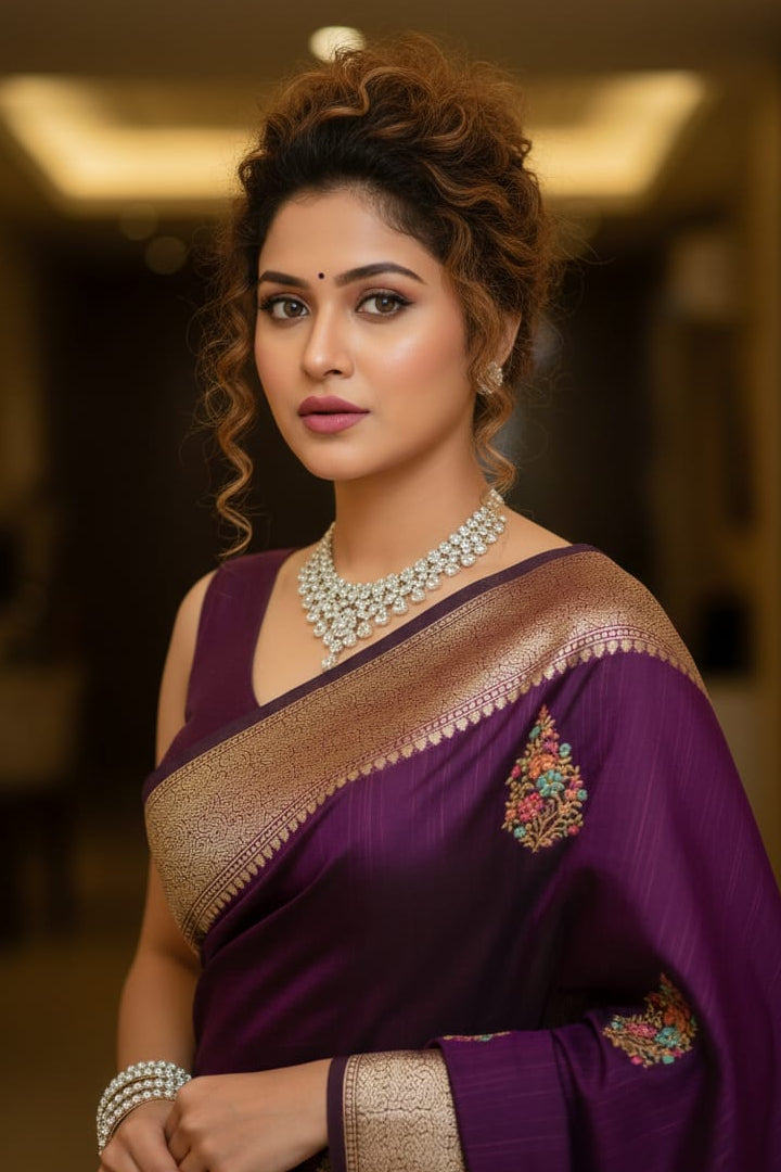 Woman in a purple saree with gold border and jewelry in an indoor setting