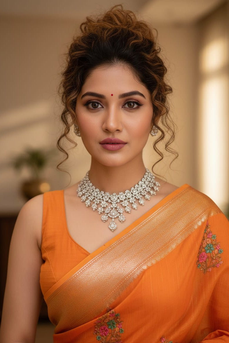 Woman wearing an orange saree with a silver necklace indoors