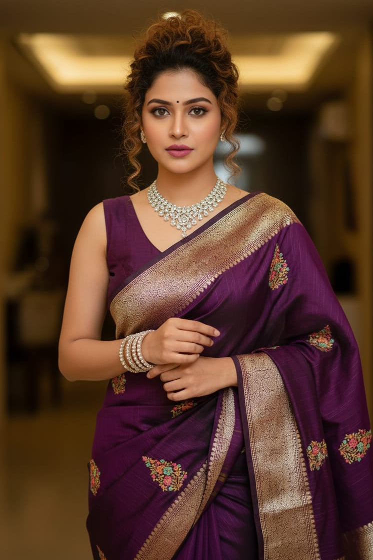 Woman in a purple saree with gold border indoors