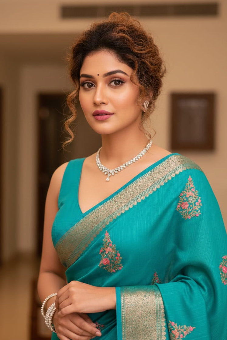 Woman wearing a teal saree with floral patterns indoors