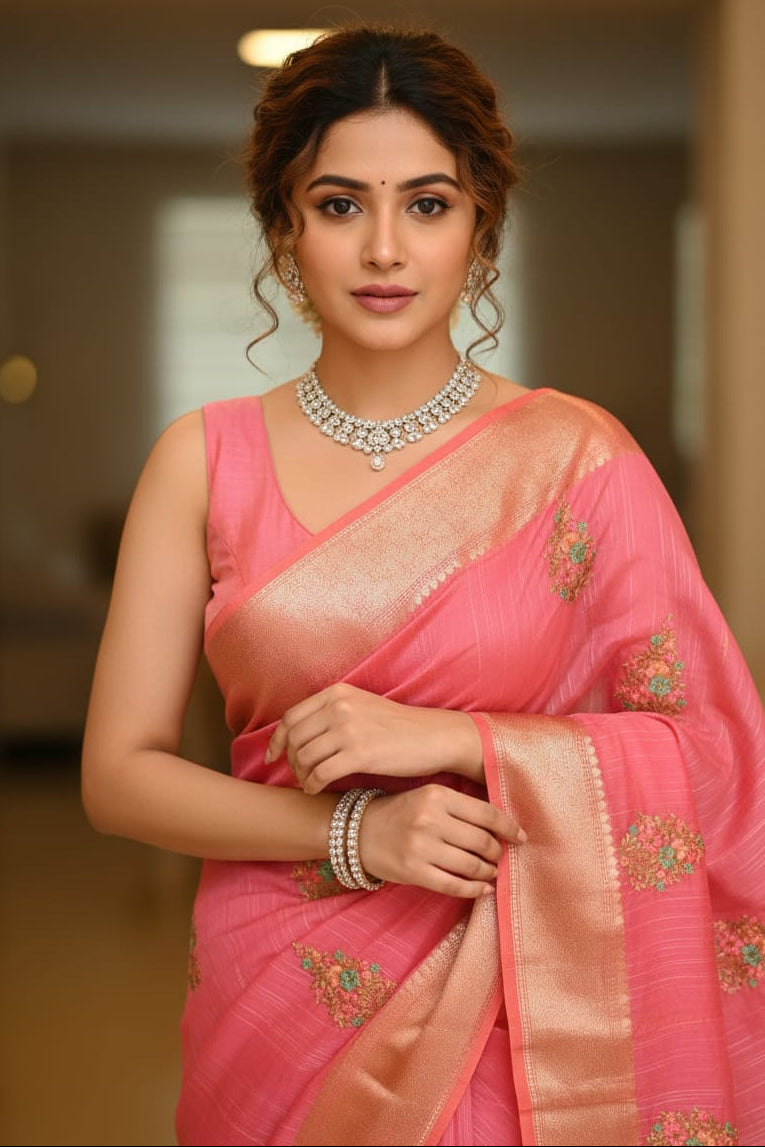 Woman in a pink saree with floral patterns indoors