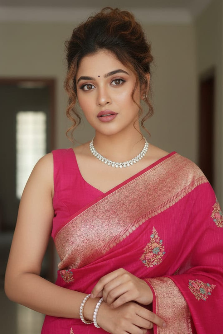 Woman in a pink saree with intricate designs indoors