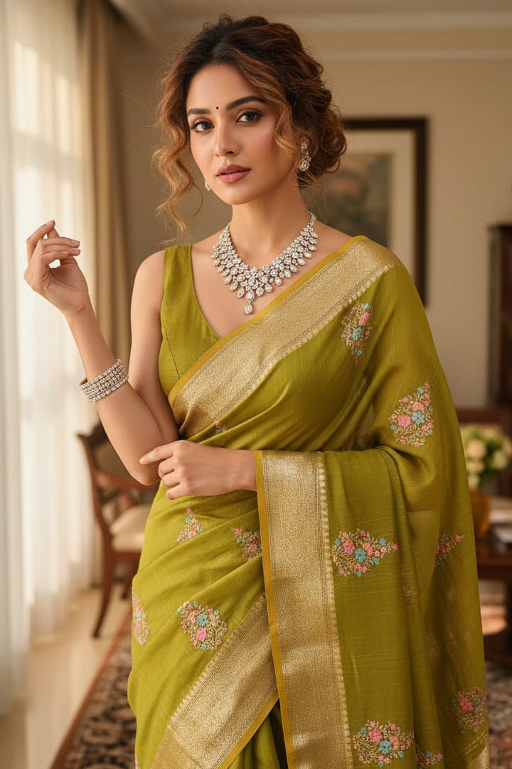 Woman wearing a green saree with gold border indoors