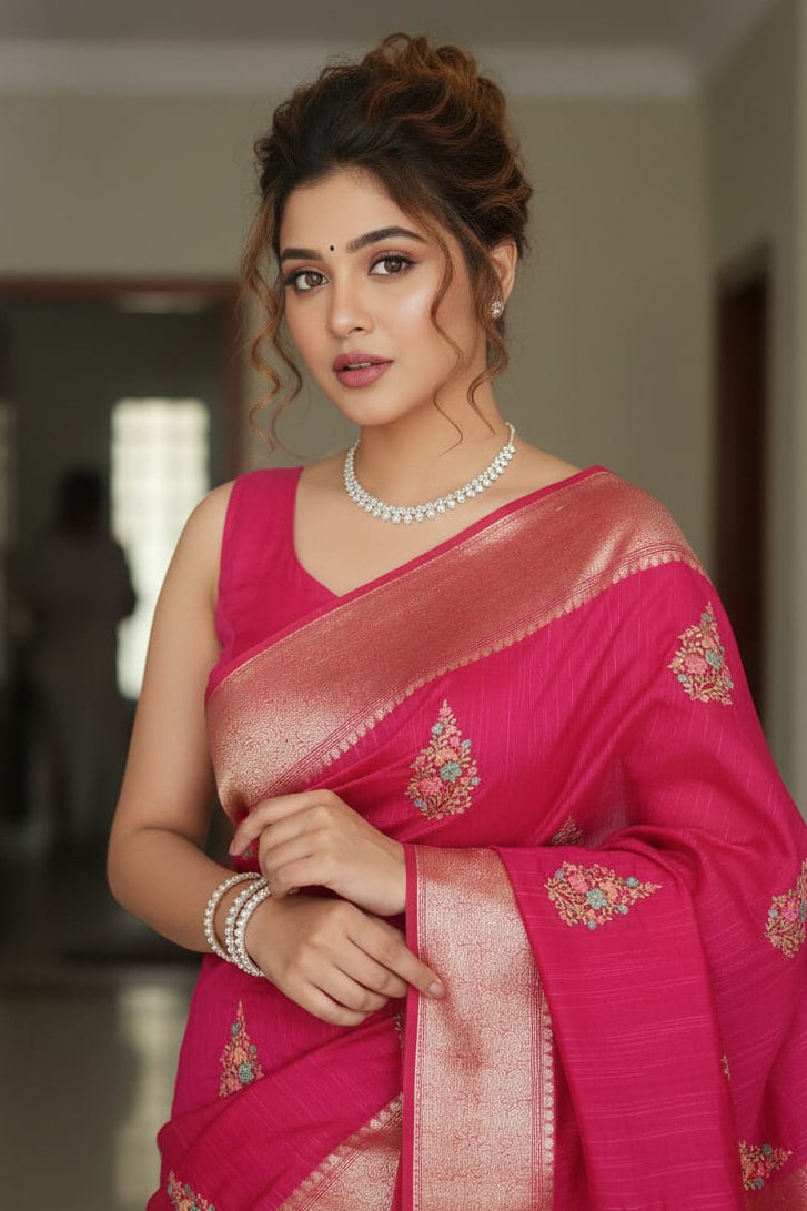 Woman in a pink saree with intricate designs indoors