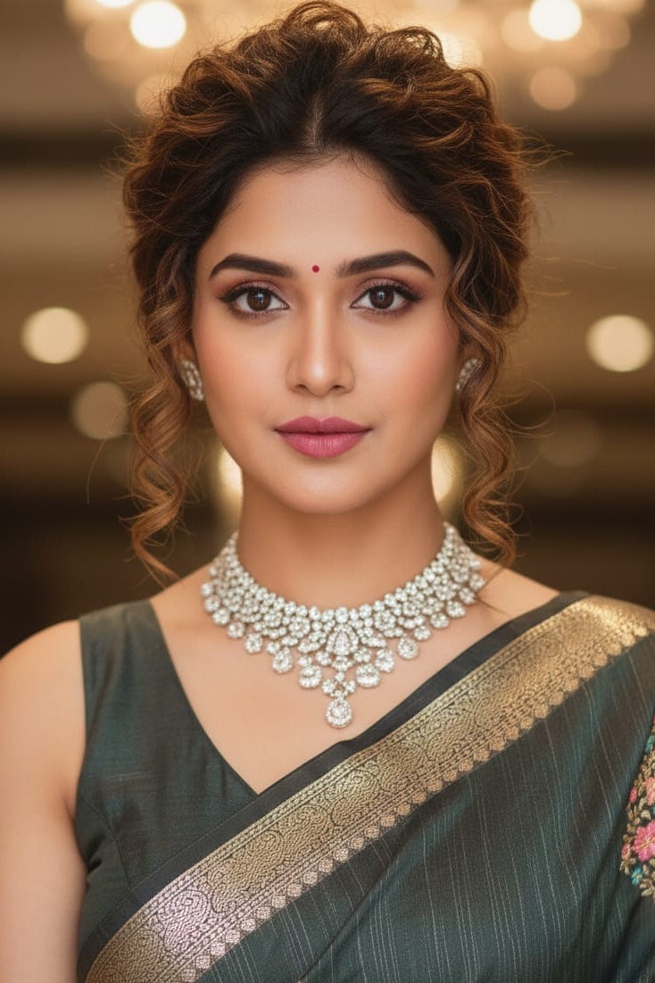 Woman wearing a traditional saree with jewelry against a blurred background