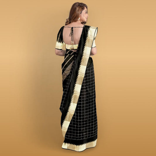 Elegant Black Cotton Silk Saree with Gold Zari Border - Semi Pure 
back view