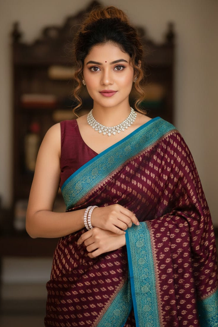 Woman wearing a maroon saree with a blue border indoors.