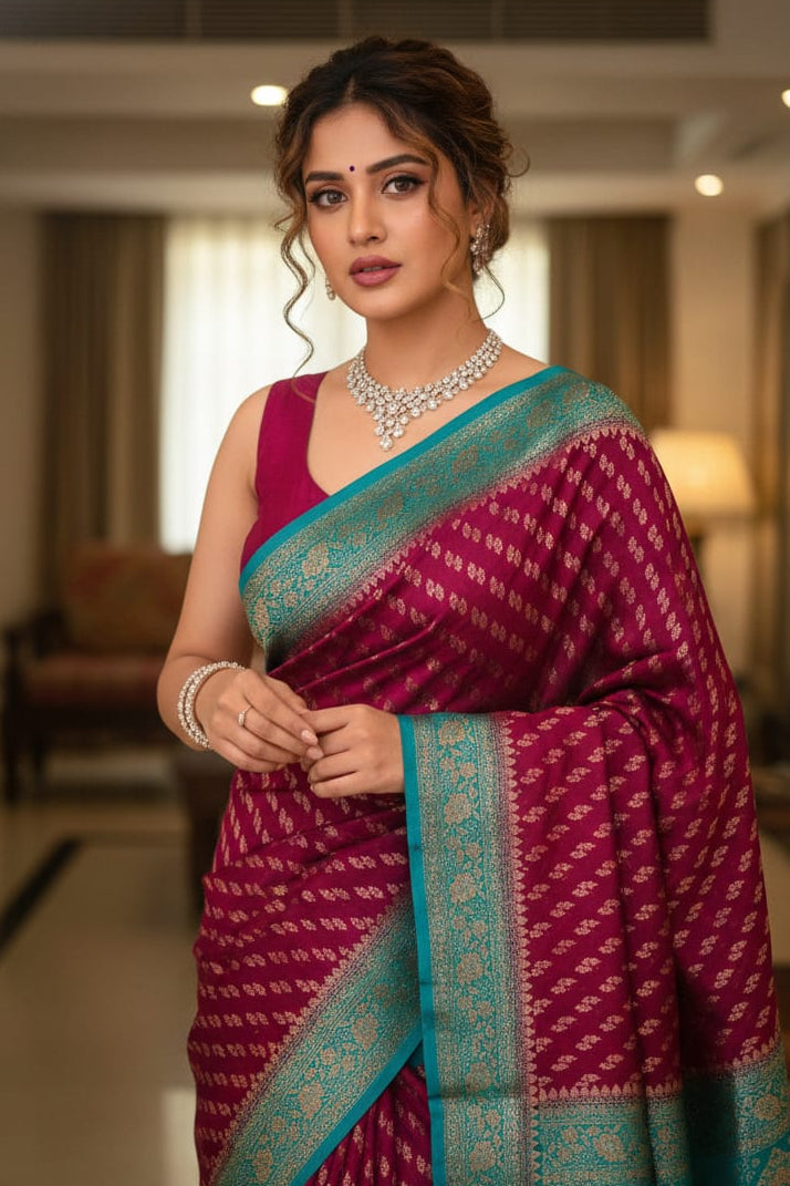 Woman wearing a traditional maroon saree with a blue border indoors.