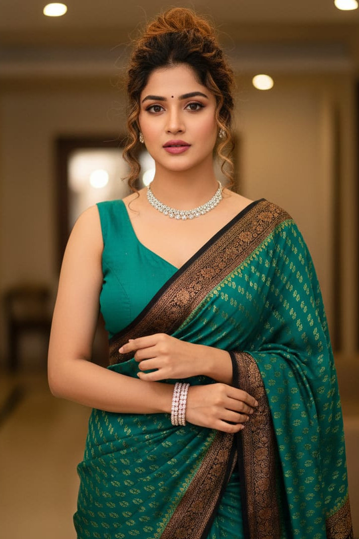 Woman in a green saree with brown border indoors