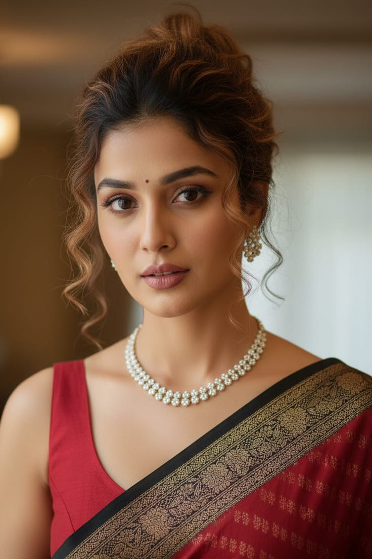 Woman wearing a red saree with a black border and pearl necklace indoors.