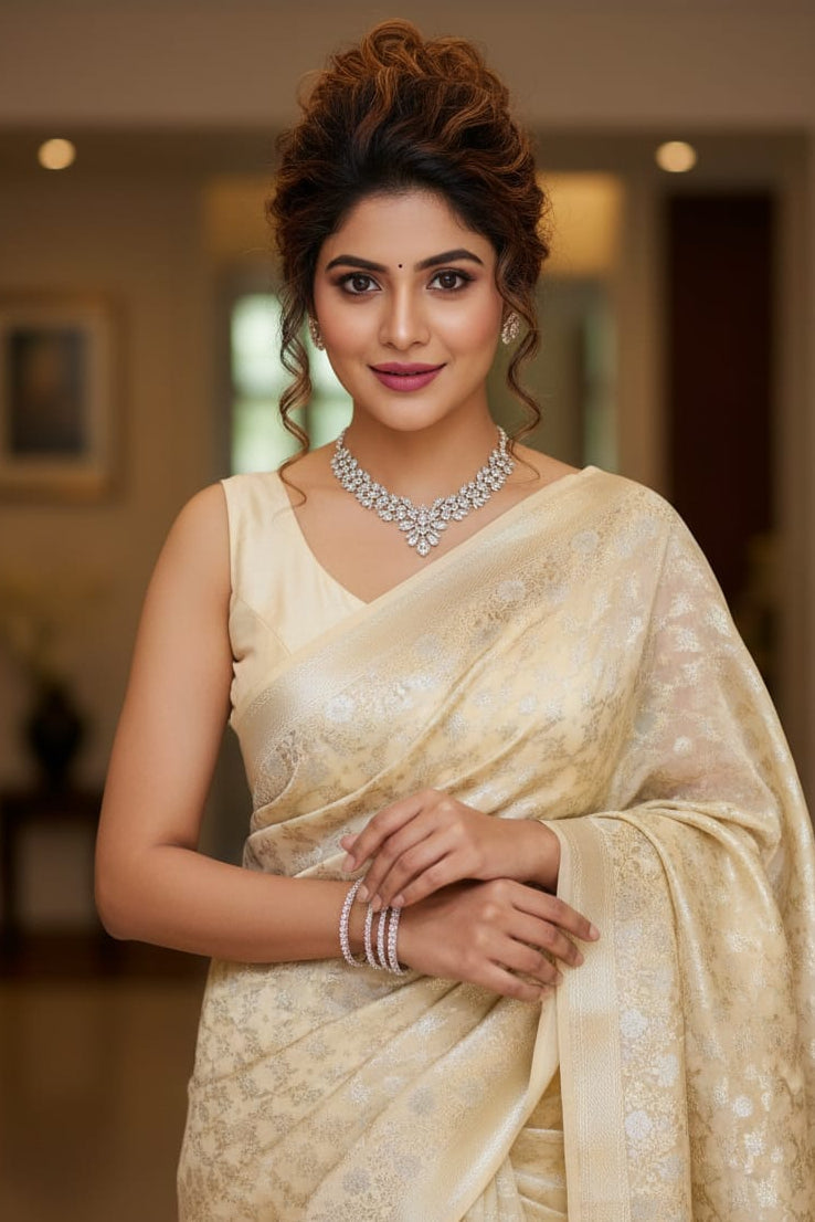 Woman in a cream saree with jewelry indoors