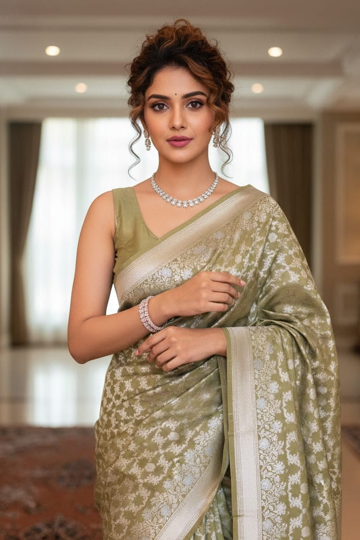 Woman in a green saree with a white blouse in an indoor setting