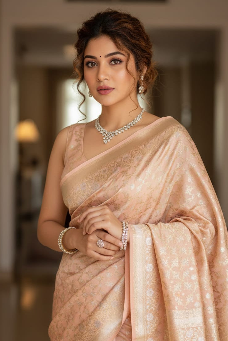 Woman in a peach saree with jewelry indoors