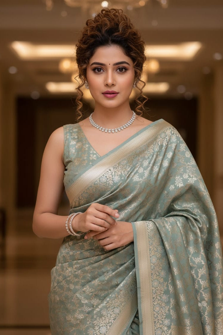 Woman in a light blue saree with a blurred indoor background