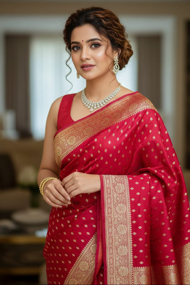 Woman in a red saree with gold patterns indoors