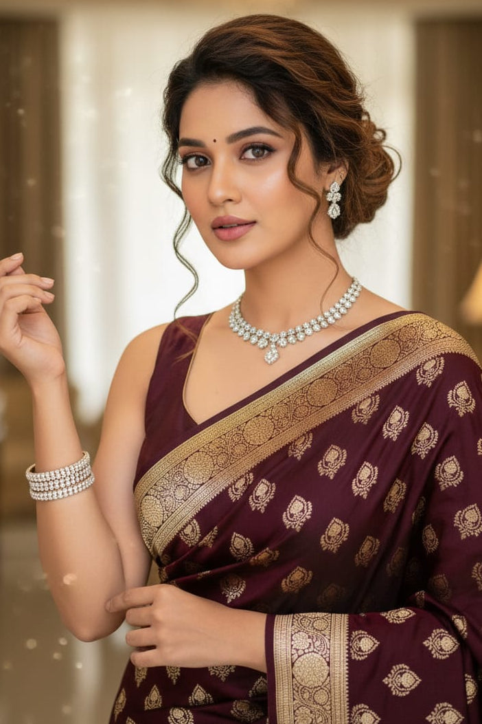 Woman in a maroon saree with gold patterns in an indoor setting