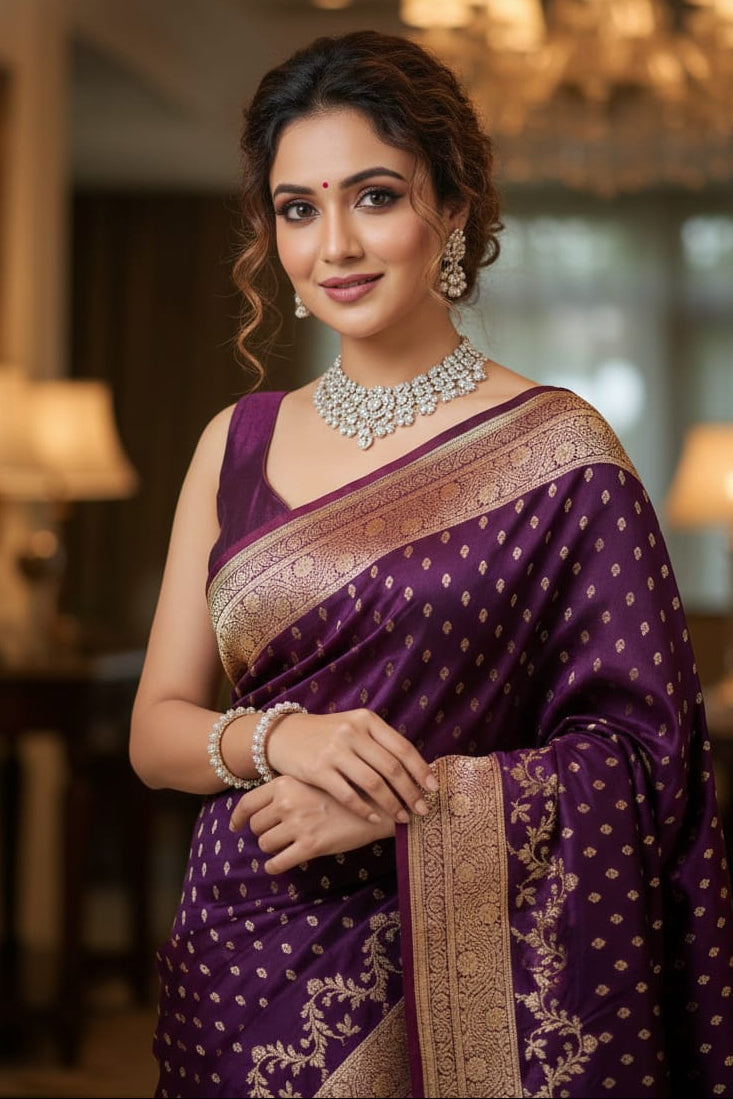 Woman in a purple saree with gold patterns in an indoor setting
