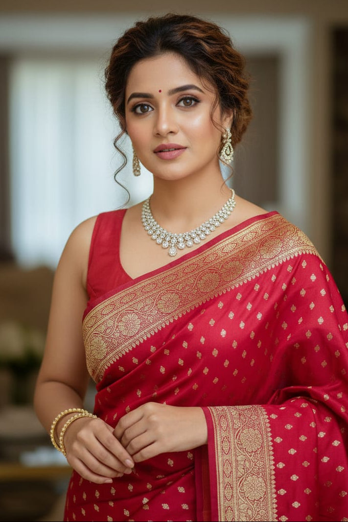 Woman in a red saree with gold details, wearing jewelry, indoors.