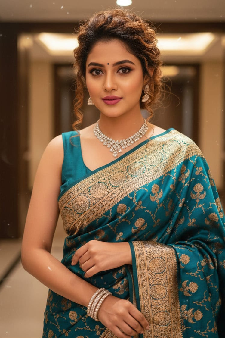 Woman in a blue saree with gold border indoors