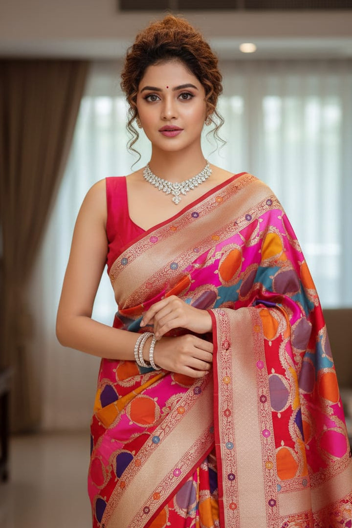 Woman wearing a colorful saree with a vibrant pattern indoors.