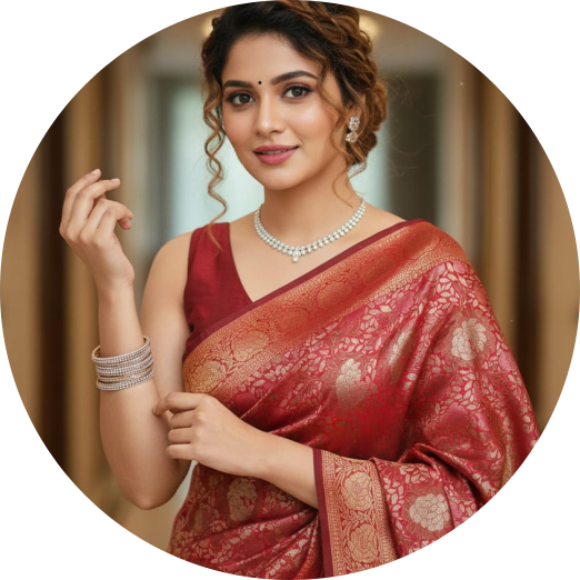 Woman in a red saree with gold patterns, wearing jewelry, against a blurred indoor background.