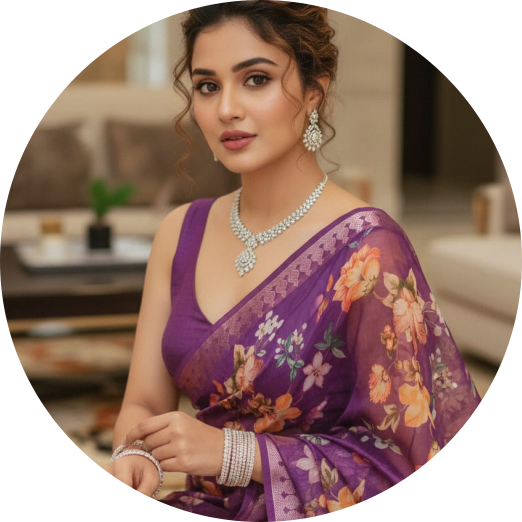 Woman in a purple floral saree with jewelry in an indoor setting