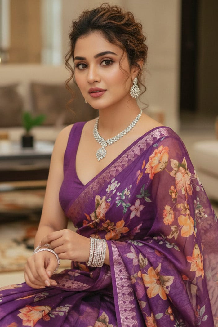 Woman in a purple floral saree with jewelry in an indoor setting