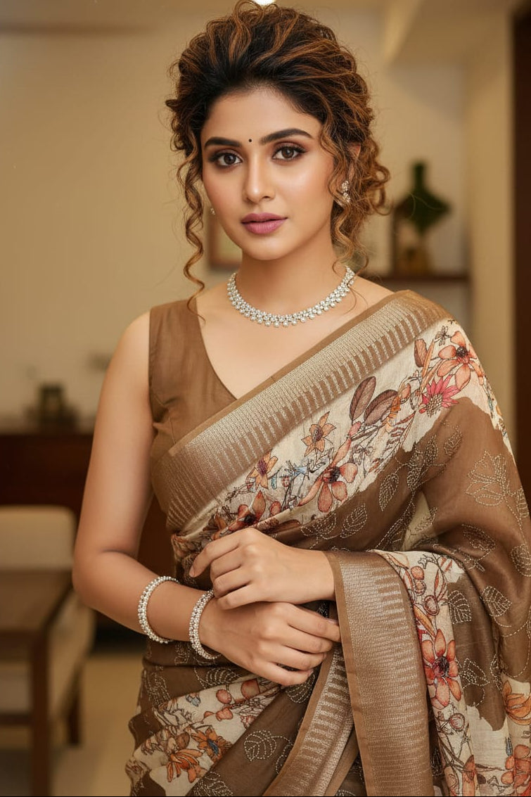 Woman wearing a floral saree with a blurred indoor background