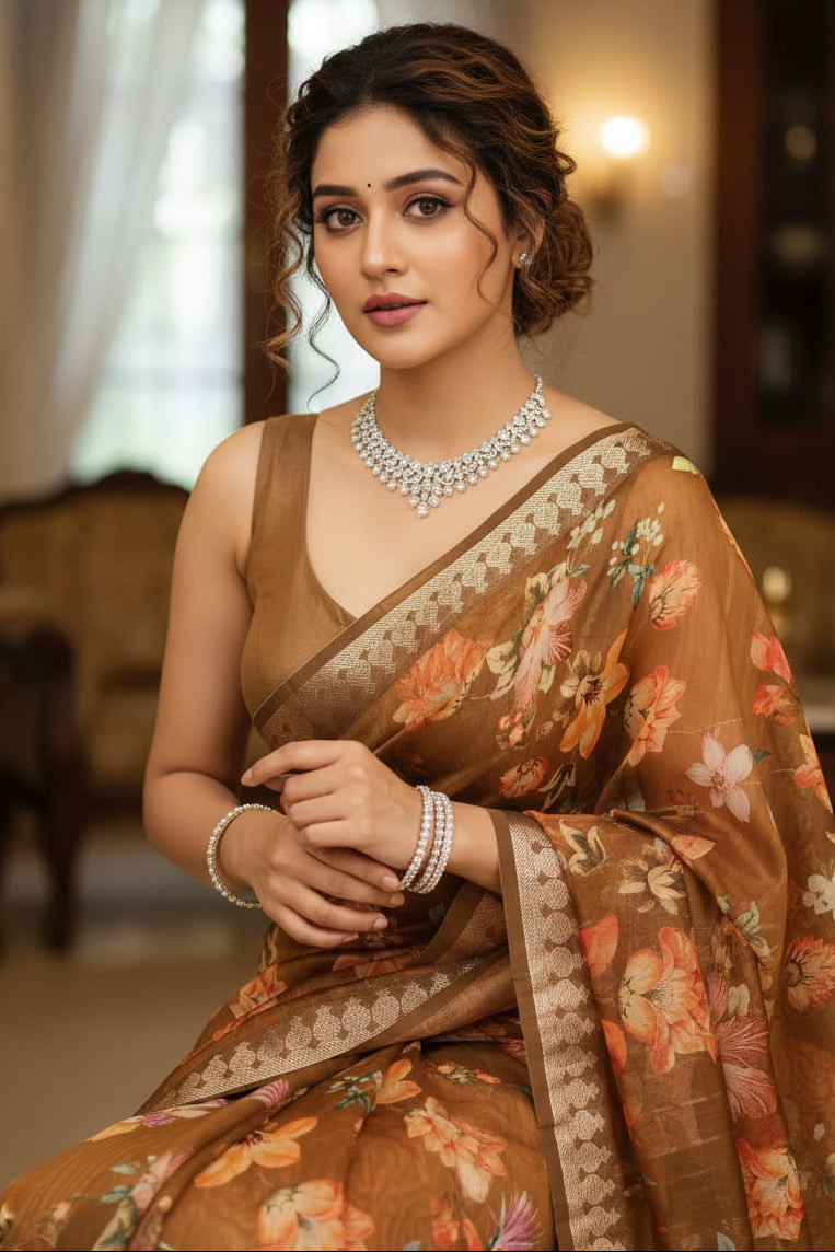 Woman in a floral saree with jewelry indoors