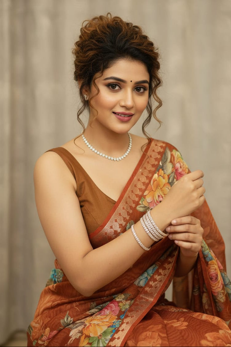 Woman in a brown saree with floral patterns against a neutral background