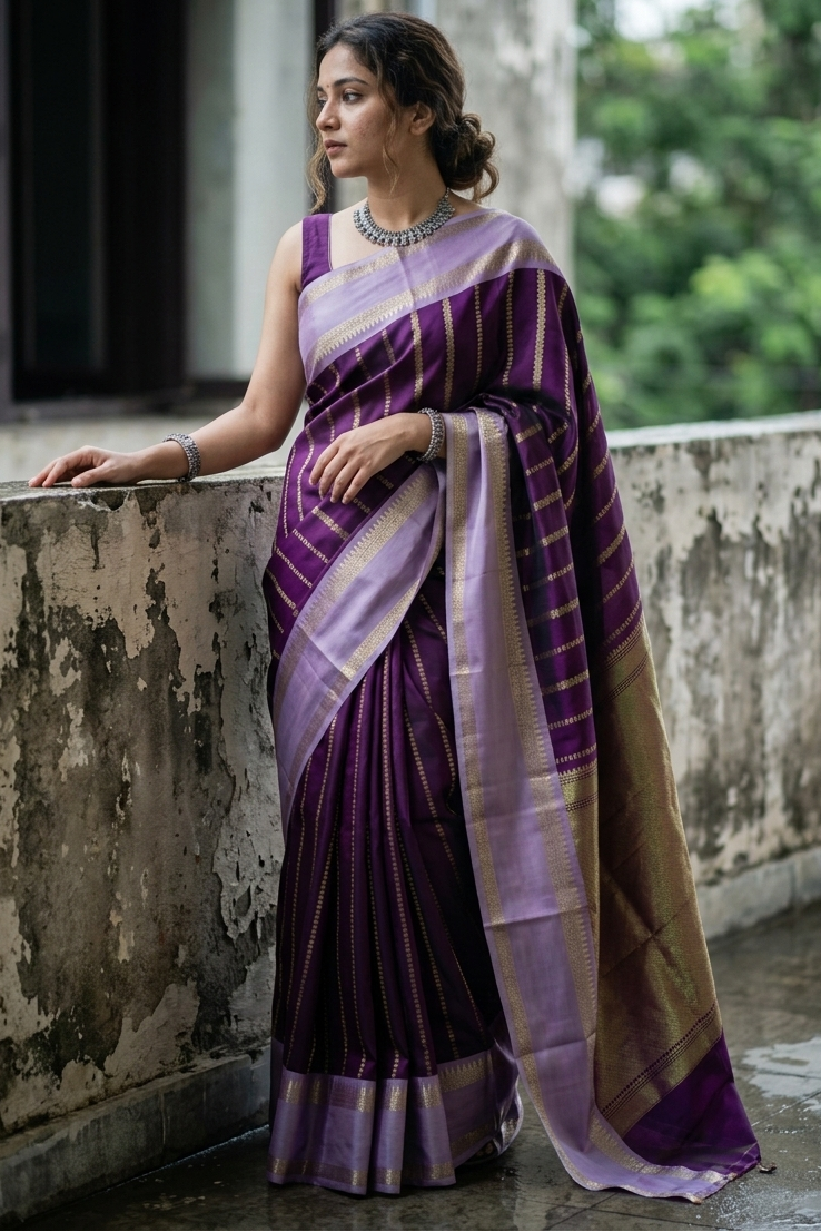 Woman wearing a purple and beige saree leaning against a wall with greenery in the background