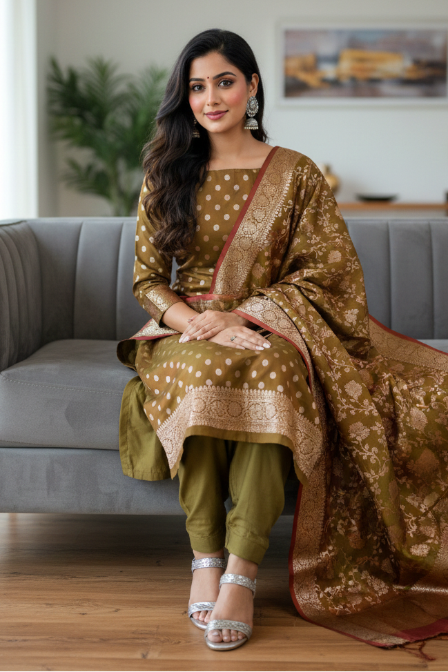 Woman in traditional attire sitting on a gray couch in a living room.