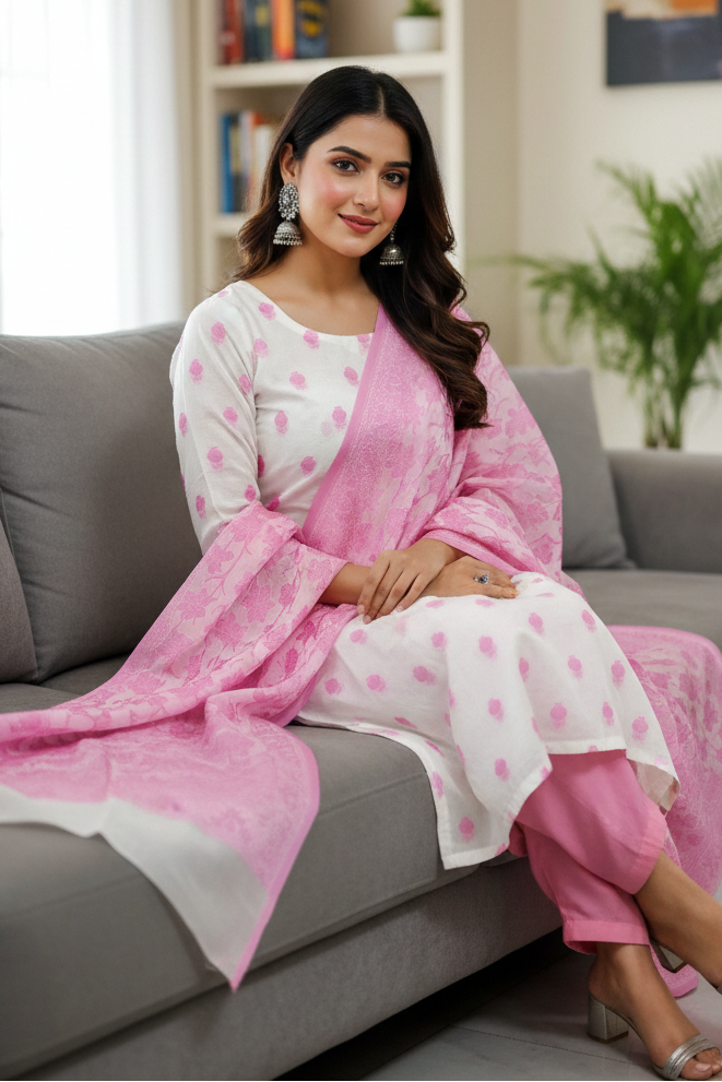 Woman in a pink and white traditional outfit sitting on a gray couch in a living room.