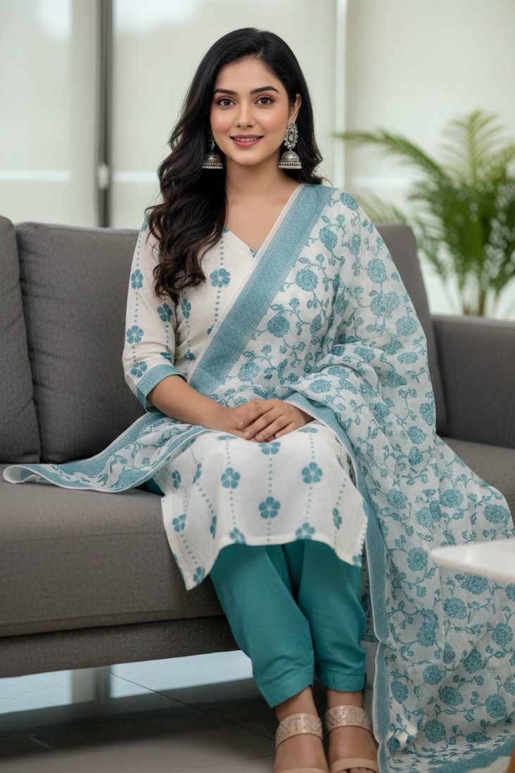 Woman in a floral outfit sitting on a gray couch in a modern living room.