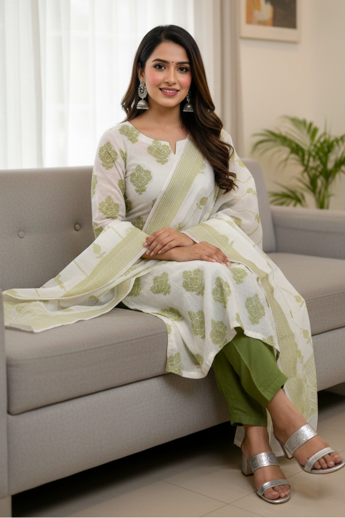 Woman in a green and white traditional outfit sitting on a gray couch in a well-lit room.