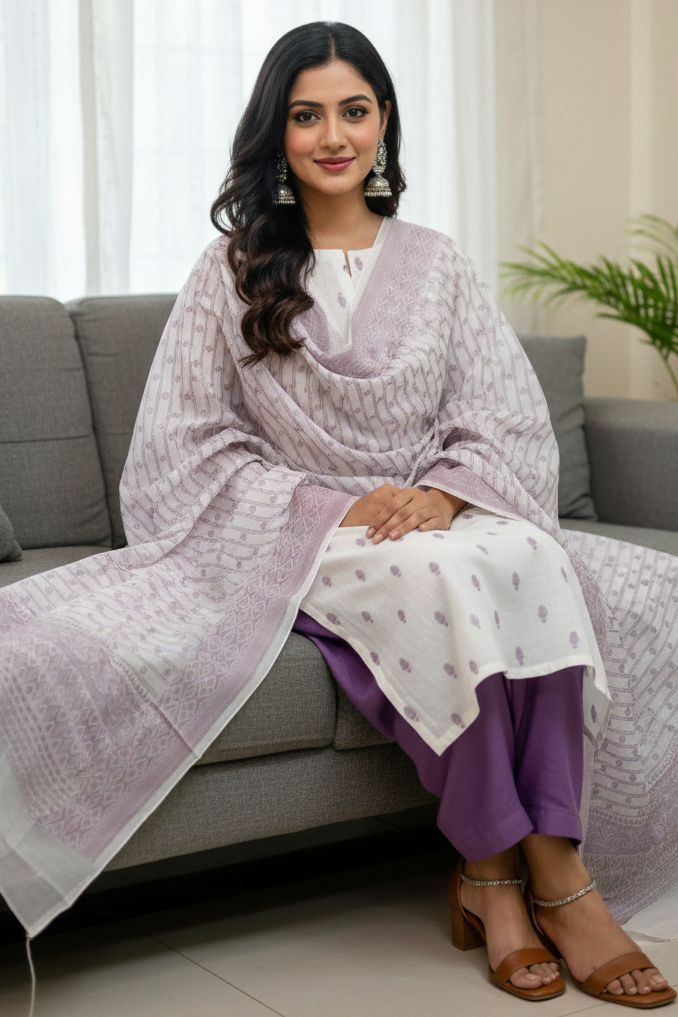 Woman sitting on a couch wearing a light purple and white traditional outfit in a living room.