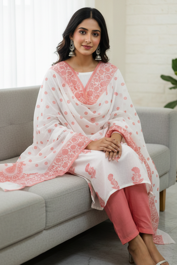 Woman in a white and pink traditional outfit sitting on a couch in a bright room.
