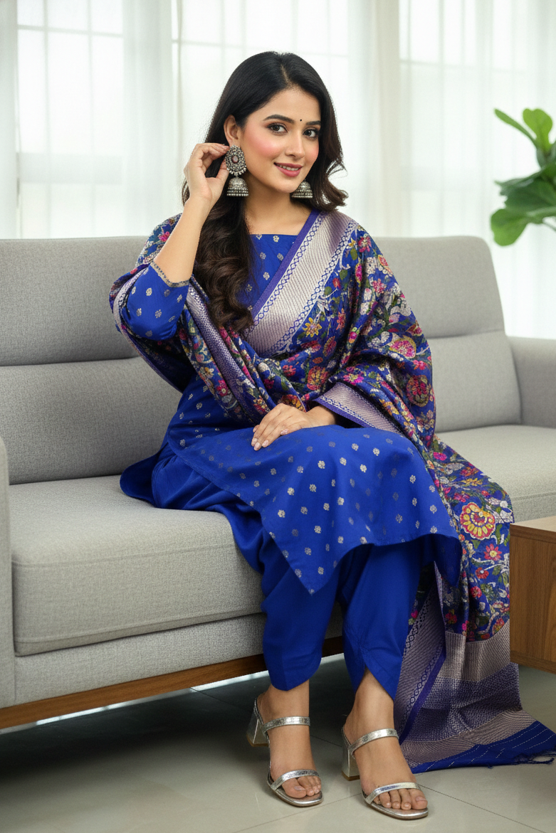 Woman in a blue traditional outfit sitting on a couch in a modern living room.