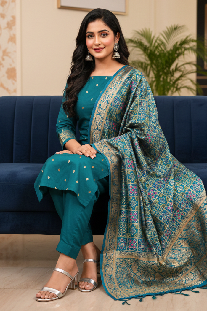 Woman in teal traditional outfit with a patterned dupatta sitting on a blue couch.