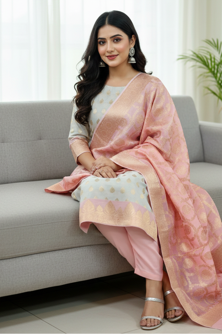 Woman in a pink saree sitting on a gray couch in a bright room.