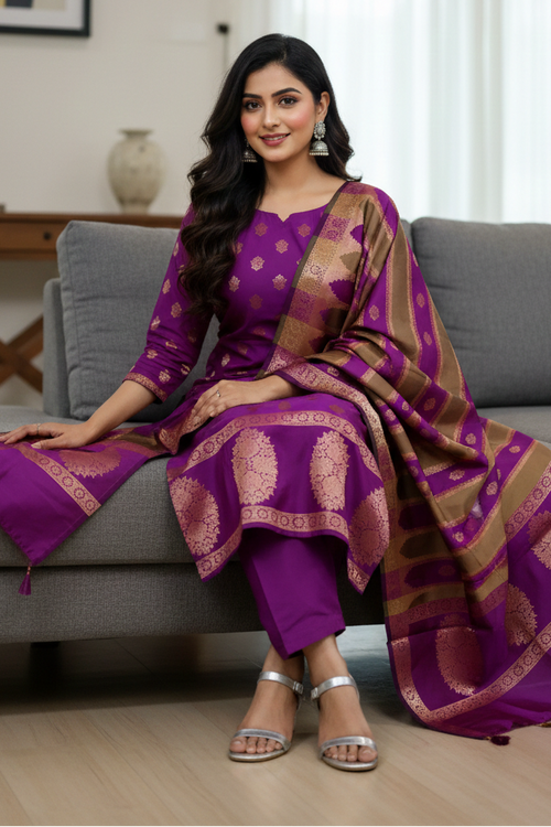 Woman in a purple traditional outfit sitting on a gray couch in a living room.